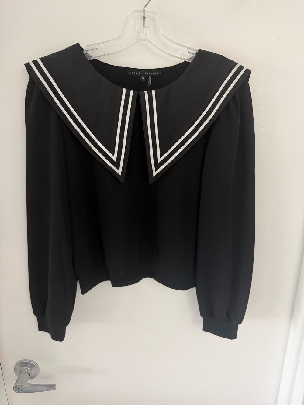 English Factory Black Blouse with White Trim Sailor Collar
